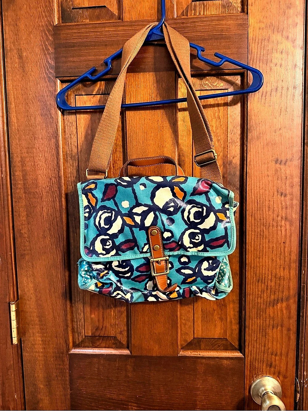 Fossil Key-Per Floral Canvas Crossbody Messenger Bag Blue & Orange